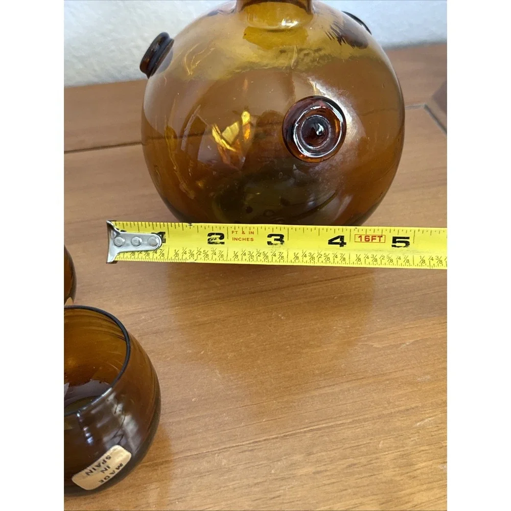Vtg MCM Spanish Glass Decanter 6 Roly Poly Tumblers Cordial Set Rosettes Amber‎